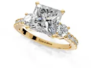 3 Stone Engagement Ring Setting for Princess Cut Center with Round Cut Side Accents and Prong Head in Yellow Gold