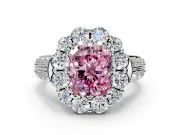 Large Accent Halo Engagement Ring Setting for Fancy Pink Radiant Cut Center with Pave Split Shank and Prong Head in Platinum