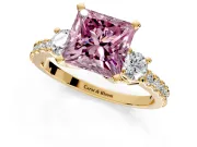 3 Stone Engagement Ring Setting for Fancy Pink Princess Cut Center with Round Cut Side Accents and Prong Head in Yellow Gold