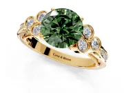Cluster Engagement Ring Setting for Fancy Green Round Cut Center with Bezel Accent Clusters and Prong Head in Yellow Gold