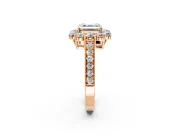 Halo Engagement Ring Setting for Asscher Cut Center with Milgrain Channel Band and Prong Head in Rose Gold