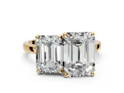 Emerald Cut and Emerald Cut Lab-Grown Diamond Toi et Moi Engagement Ring with Prong-Set Stones in Yellow Gold