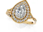 Halo Engagement Ring Setting for Pear-Shaped Center with Milgrain Rim, Pave Band and Prong Head in Yellow Gold