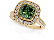 Halo Engagement Ring Setting for Fancy Green Cushion Cut Center with Milgrain Frame, Pave Band and Prong Head in Yellow Gold