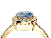 Halo Engagement Ring Setting for Fancy Blue Cushion Cut Center with Inner Milgrain Border and Prong Head in Yellow Gold