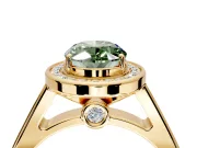 Halo Engagement Ring Setting for Fancy Green Oval Center with Outer Bezel Rim, Pave Band and Prong Head in Yellow Gold