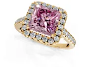 Halo Engagement Ring Setting for Fancy Pink Princess Cut Center with Narrowing Pave Band and Prong Head in Yellow Gold