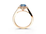 Halo Engagement Ring Setting for Fancy Blue Cushion Cut Center with Narrowing Pave Band and Prong Head in Rose Gold