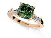 3 Stone Engagement Ring Setting for Fancy Green Cushion Cut Center with Channel Baguette Accents and Prong Head in Rose Gold