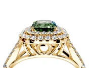 Double Halo Engagement Ring Setting for Fancy Green Emerald Cut Center with Narrow Pave Split Shank and Prong Head in Yellow Gold