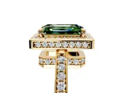 Halo Engagement Ring Setting for Fancy Green Emerald Cut Center with Metal-Rimmed Halo, Pave Band and Prong Head in Yellow Gold
