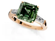 3 Stone Engagement Ring Setting for Fancy Green Asscher Cut Center with Tapered Baguettes, Plain Band and Prong Head in Rose Gold