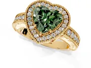 Milgrain Halo Engagement Ring Setting for Fancy Green Heart-Shaped Center with Pave Band and Prong Head in Yellow Gold