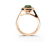 Halo Engagement Ring Setting for Fancy Green Radiant Cut Center with Outer Bezel Rim, Pave Band and Prong Head in Rose Gold