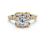 Floral Engagement Ring Setting for Round Cut Center with Pave Band and Floral Prong Head in Yellow Gold