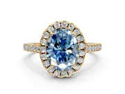 Halo Engagement Ring Setting for Fancy Blue Oval Center with Raised Halo, Pave Band and Prong Head in Yellow Gold
