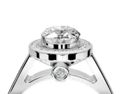Halo Engagement Ring Setting for Oval Center with Outer Bezel Rim, Pave Band and Prong Head in Platinum