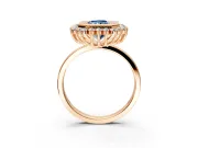 Halo Engagement Ring Setting for Fancy Blue Radiant Cut Center with Milgrain Bezel Rim, Plain Band and Prong Head in Rose Gold