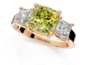 3 Stone Engagement Ring Setting for Fancy Yellow Cushion Cut Center with Matching Side Accents and Prong Head in Rose Gold