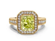Milgrain Halo Engagement Ring Setting for Fancy Yellow Radiant Cut Center with Pave Band and Prong Head in Yellow Gold