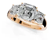 3 Stone Engagement Ring Setting for Asscher Cut Center with Raised Basket Heads and Prong Head in Rose Gold