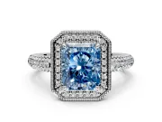 Milgrain Halo Engagement Ring Setting for Fancy Blue Radiant Cut Center with Three-Sided Pave Band and Prong Head in Sterling Silver