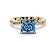 Solitaire Engagement Ring Setting for Fancy Blue Princess Cut Center with Bezel-Dot Beaded Band and Prong Head in Yellow Gold