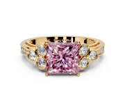 Cluster Engagement Ring Setting for Fancy Pink Princess Cut Center with Bezel Accent Clusters and Prong Head in Yellow Gold