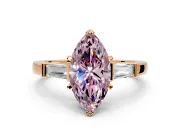 3 Stone Engagement Ring Setting for Fancy Pink Marquise Center with Channel Baguette Accents and Prong Head in Rose Gold