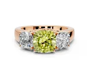 3 Stone Engagement Ring Setting for Fancy Yellow Cushion Cut Center with Raised Basket Heads and Prong Head in Rose Gold