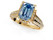Solitaire Engagement Ring Setting for Fancy Blue Emerald Cut Center with Accented Split Shank and Prong Head in Yellow Gold