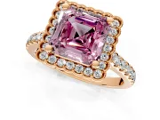 Milgrain Floral Halo Engagement Ring Setting for Fancy Pink Asscher Cut Center with Pave Band and Prong Head in Rose Gold
