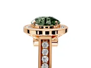 Halo Engagement Ring Setting for Fancy Green Round Cut Center with Outer Bezel Rim, Pave Band and Prong Head in Rose Gold
