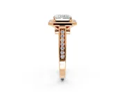 Halo Engagement Ring Setting for Emerald Cut Center with Outer Bezel Rim, Pave Band and Prong Head in Rose Gold