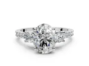 3 Stone Engagement Ring Setting for Oval Center with Round Cut Side Accents and Prong Head in White Gold