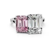 Fancy Pink Emerald Cut and Emerald Cut Lab-Grown Diamond Toi et Moi Engagement Ring with Prong-Set Stones in White Gold