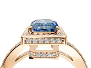 Halo Engagement Ring Setting for Fancy Blue Radiant Cut Center with Metal-Rimmed Halo, Pave Band and Prong Head in Rose Gold