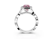 Halo Engagement Ring Setting for Fancy Pink Radiant Cut Center with Twist Band and Prong Head in Platinum