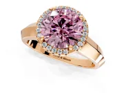 Halo Engagement Ring Setting for Fancy Pink Round Cut Center with Knife Ridge Cathedral Band and Prong Head in Rose Gold