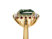 Starburst Halo Engagement Ring Setting for Fancy Green Asscher Cut Center with Thin Round-Wire Band and Prong Head in Yellow Gold