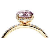 Hidden Halo Engagement Ring Setting for Fancy Pink Oval Center with Pave Band and Prong Head in Yellow Gold