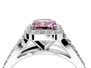 Halo Engagement Ring Setting for Fancy Pink Emerald Cut Center with Narrow Pave Split Shank and Prong Head in Platinum
