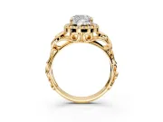 Halo Engagement Ring Setting for Cushion Cut Center with Open Scroll Shoulders and Prong Head in Yellow Gold