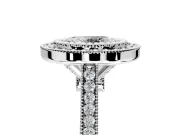Halo Engagement Ring Setting for Oval Center with Milgrain Frame, Pave Band and Prong Head in White Gold