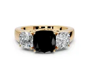 3 Stone Engagement Ring Setting for Fancy Black Cushion Cut Center with Raised Basket Heads and Prong Head in Yellow Gold