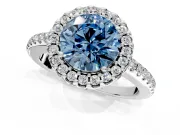Pave Halo Engagement Ring Setting for Fancy Blue Round Cut Center with Single Row Pave Band and Prong Head in White Gold