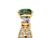 3 Stone Engagement Ring Setting for Fancy Green Cushion Cut Center with Pave Twist Band and Prong Head in Yellow Gold