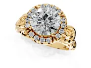 Halo Engagement Ring Setting for Round Cut Center with Open Scroll Shoulders and Prong Head in Yellow Gold