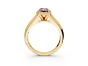 Halo Engagement Ring Setting for Fancy Pink Emerald Cut Center with Knife Ridge Cathedral Band and Prong Head in Yellow Gold