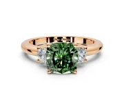 3 Stone Engagement Ring Setting for Fancy Green Cushion Cut Center with Wide Plain Band and Prong Head in Rose Gold